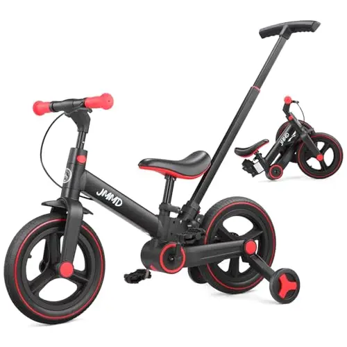 JMMD Bicicleta 6 en 1 para Niños Pequeños con Ruedas de Entrenamiento y Pedales, Edad 18 Meses a 5 Años, Bicicleta de Equilibrio y Pedal 12" Transformable y Plegable, con Mango Ajustable para Padre