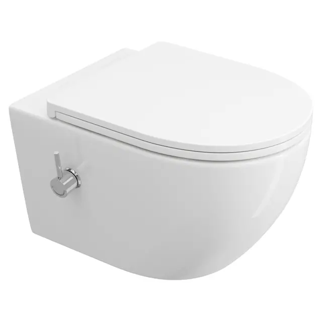 Inodoro de ducha sin borde con boquilla integrada, inodoro Taharet con grifo de agua fría/caliente, colgante redondo, inodoro de pared blanco con nano, inodoro con tapa de inodoro con descenso