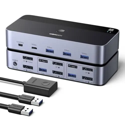 UGREEN Switch KVM DisplayPort 2 Entradas 2 Salidas 8K60Hz 4K240Hz Dos Monitores Conmutador con 4 Puertos USB 3A1C 5Gbps para Teclado, Ratón Disco Duro Controlador de Escritorio Cables USB Incluidos
