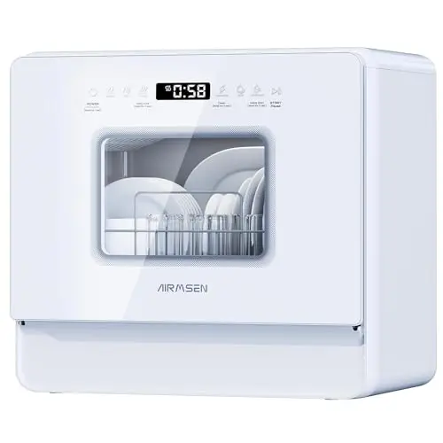 AIRMSEN Lavavajillas Portátil Pequeño con 7+2 Programas, Función de Sal Absoftante Depósito de 5L Control Táctil y Pantalla LED, Para Cocinas, Apartamentos y Dormitorios, Blanco