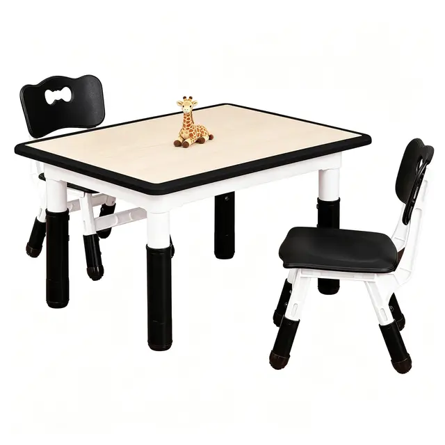 FUNLIO Mesa Infantil con 2 Sillas para Niños de 3 a 8 años, Mesa Niños de Altura Ajustable, Escritorio Fácil de Limpiar, para Aulas/Hogares, Aprobado por CPC y CE (3 Piezas)-Rectángulo - Negro