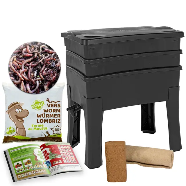 WormBox I Vermicompostador Worm Café, 2 bandejas I Kit Completo I Gran Capacidad de 64 litros (250g de Lombriz / 1000 und.)