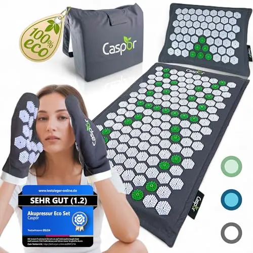 Akupressur Eco Set - Esterilla de acupresión con cojín, bolsa, guantes de masaje de lino 100% con fibras de coco, ganador de pruebas mate 05/24 para el dolor de espalda Caspor®