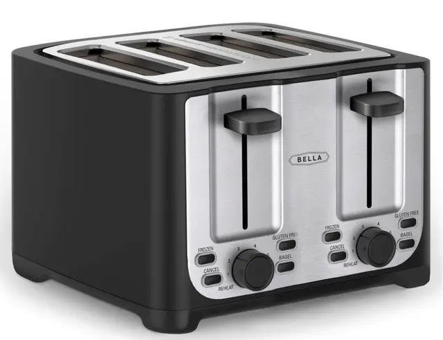 bella Tostadora de 4 Rebanadas con Apagado Automático, Ranuras Extra Anchas y Bandeja Recogemigas Extraíble, Función de Cancelar, Descongelar y Recalentar, Acero Inoxidable y Negro