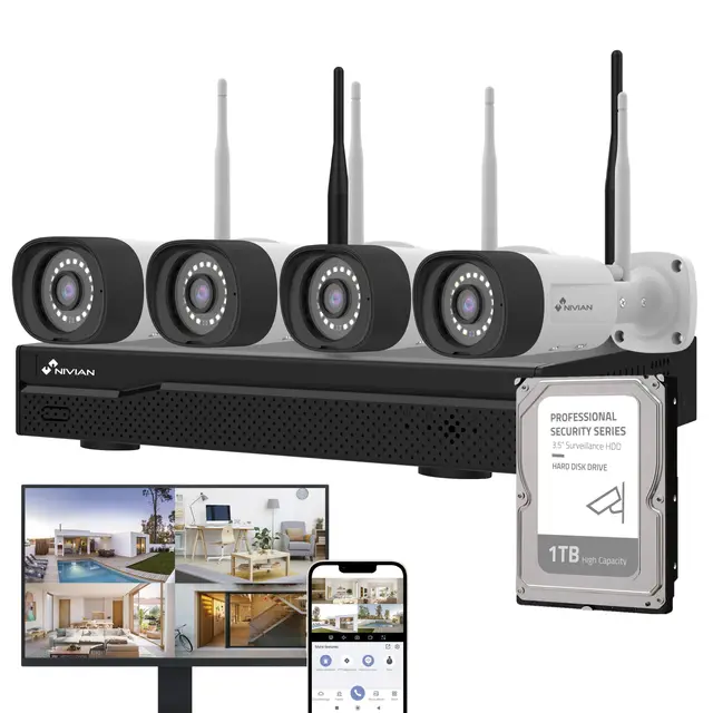 NIVIAN Kit Camaras de Vigilancia Profesional WiFi SuperHD con 4 Cámaras IP y Grabador con Disco Duro 10CH - para Casas y Negocios - Visión Nocturna, Detección Humana IA, Audio Bidireccional