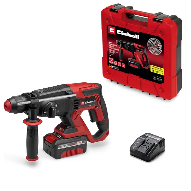 Einhell Martillo perforador con batería TE-HD 18/20 Li (1x4,0 Ah) Power X-Change (18 V, 1,8 J, SDS-plus, potencia de perforación de 20 mm en hormigón, 4 funciones, incl. batería 4,0 Ah + cargador)