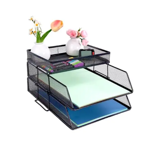 Bandejas de malla de 2 niveles, organizador de archivos de escritorio apilable con soporte superior para artículos de papelería, bandejas de papel para cartas y documentos para oficina, escuela y