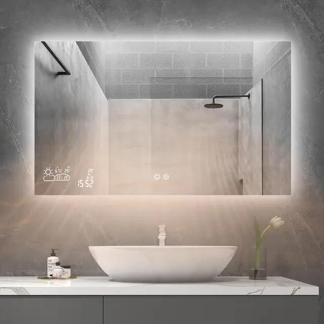 byecold Espejo de baño con iluminación LED 100x60 cm, Calefacción con estación meteorológica, WiFi, Espejo de baño, Calefacción con Interruptor táctil, Horizontal