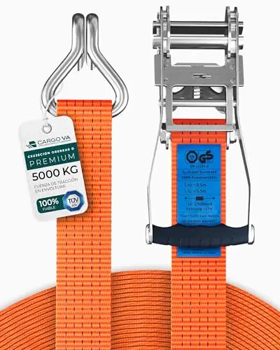 CargoVA® Correa con trinquete y Gancho, Juego de 4 Unidades, 50 mm x 6 m de Largo, Resistencia a la Rotura de 5000 kg, Correa de trinquete de 2 Piezas de Color Naranja.
