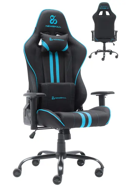 NEWSKILL KitsuneV2 - Silla Gaming ergonómica, Respaldo reclinable 180 Grados, reposabrazos 2D Ajustables, Cojines Lumbar y Cervical, Ruedas XL silenciosas, Tela Transpirable, Color Azul