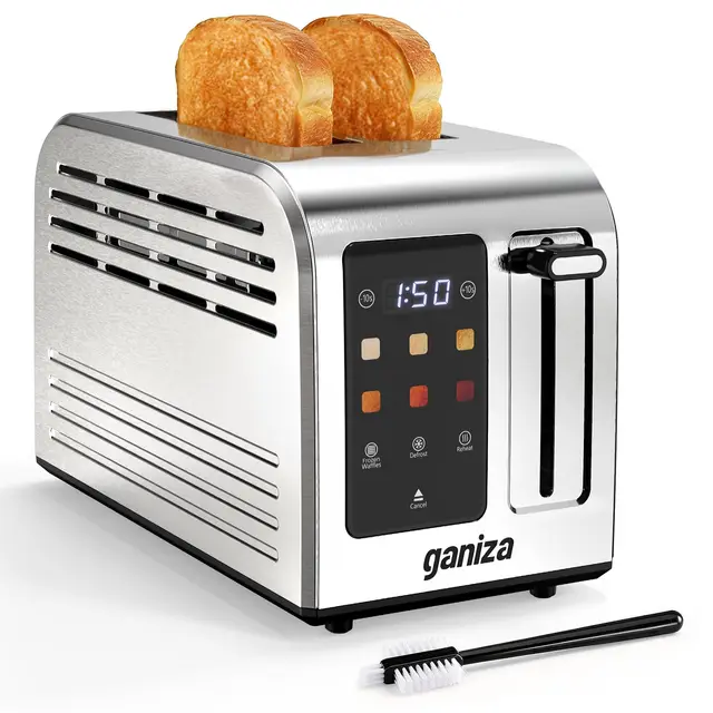 Ganiza Tostadora Inteligente para 2 Rebanadas, Acero Inoxidable con Pantalla Táctil, 6 Niveles de Tostado,Temporizador Digital, Ranura Ancha, +/-10 s, Bandeja Recogemigas, 925 W