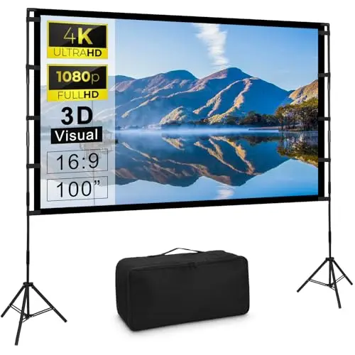 Pantalla Proyector Portátilcon con Tripode 100 Pulgadas, 16:9 4K Full HD Pantalla de Proyección para Cine Casa Camping Eventos Recreativos
