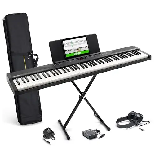 Alesis Teclado Piano con 88 Teclas y 480 Sonidos, Altavoces, MIDI USB, Estuche, Soporte, Auriculares, Pedal y Lecciones de Piano Incluidas