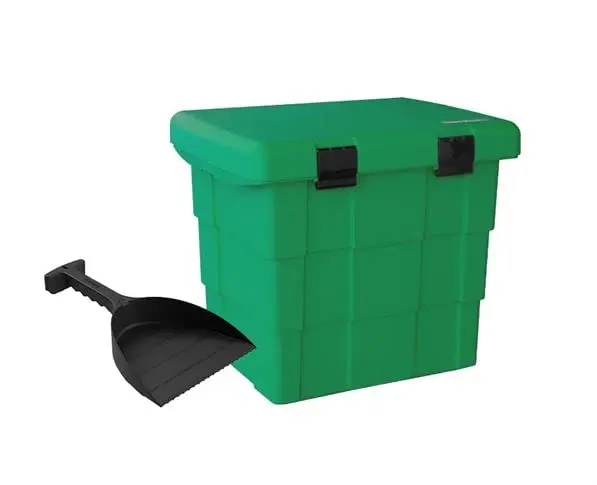 DAKEN Cubo de basura con pala, 108 litros, color verde, caja de sal para deshielo, sandbox, contenedor de almacenamiento, caja de recogida, caja de esparcimiento, almacenamiento de sal, servicio de