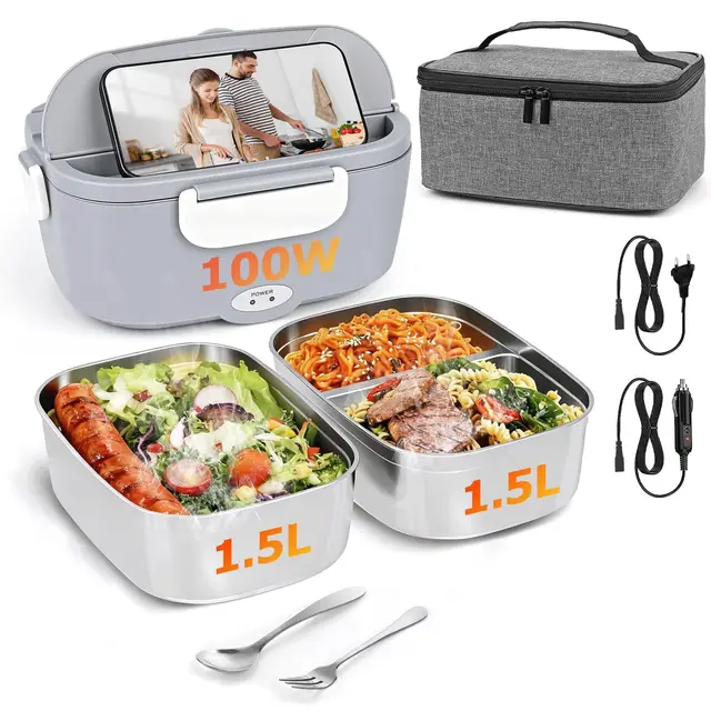 ZWOOS®100W Fiambrera Electrica 12V/24V/220V Calentador de Comida Portatil con 2x1.5L Contenedores Acero Inoxidable Bolsa Térmica y Juego de Cubiertos para Cche Camión y Trabajo Fiambrera Termica
