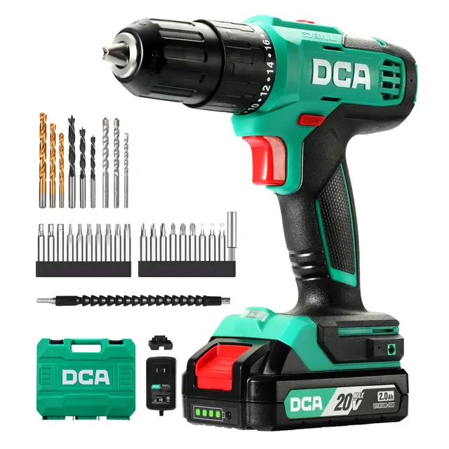 DCA Taladro percutor inalámbrico 20V, 40 Nm, portabrocas automático de 13 mm, 22500 IPM, 2 velocidades, 18+1+1, taladro de impacto con 14 brocas/destornilladores para ladrillo, metal y madera
