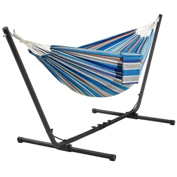 Yaheetech Hamaca Jardin con Soporte Desmontable para Jardín Portátil con Largo Ajustable en 3 Niveles y Bolsa de Transporte para Patio Trasero Piscina Balcón Terraza Carga 205kg Rayas Azules y Rojas