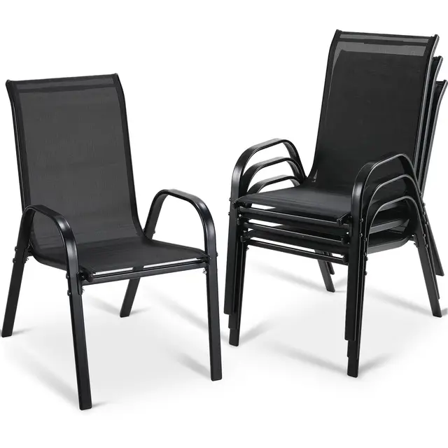 LIFERUN Sillas de jardín apilables para Camping, con Respaldo Alto, Estructura de Acero textileno, para Jardines, Patios, Balcones, restaurantes, 150 kg, soporta 54 x 69 x 93 cm (4, Negro)