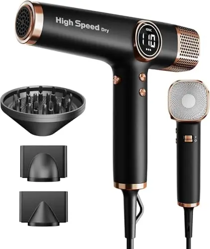 Faszin Secador de Pelo Profesional y Ligero con Motor de 110,000 RPM, Secado Rápido, 200 Millones de Iones, Bajo Ruido, Pantalla LED y 3 Boquillas Magnéticas, Ideal para el Hogar y el Salón