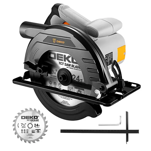 Sierra Circular 1200W: DEKOPRO Sierra Circular con Guia, Hoja de sierra Ø185mm(24T)，4800 RPM, Profundidad máxima de corte 65mm (90°), 43mm (45°), 2M Cable,Incluye guía, Ideal para Cortar Madera