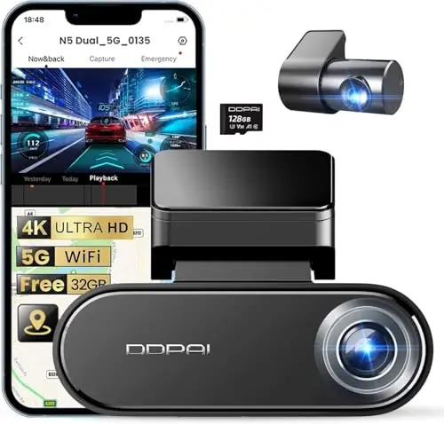 DDPAI N5 Dual Dashcam Coche 4K+1080P, Gratis 128GB Tarjeta + 32GB eMMC Integrada, Super Visión Nocturna, 5G WiFi, GPS, Modo Estacionamiento 24h, G-Sensor, Grabación en Bucle, Control por App