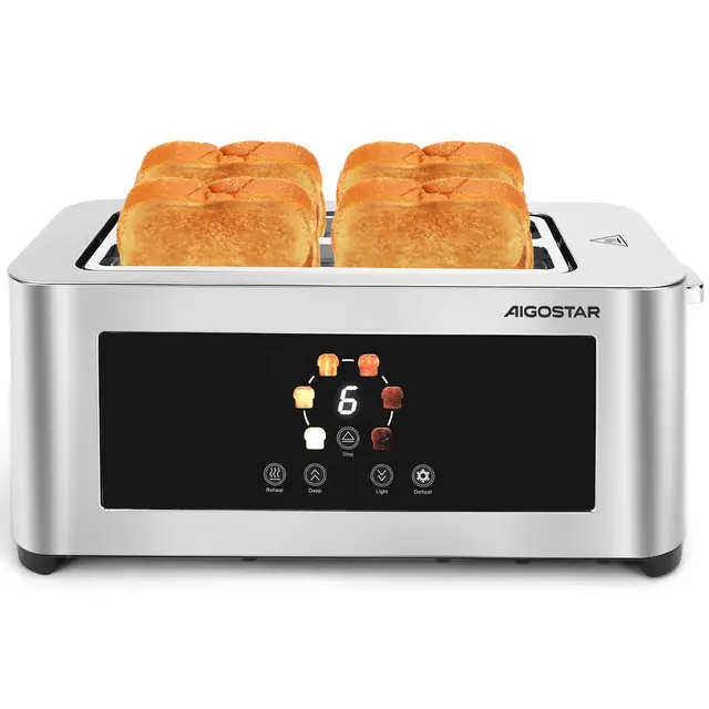 Aigostar Tostadora de 4 Rebanadas, Pantalla Táctil LED, Doble Ranura Larga y Extra Ancha de 4 cm, 6 Niveles de Tostado, Funciones de Recalentar, Descongelar y Parada, Acero Inoxidable, 1400W
