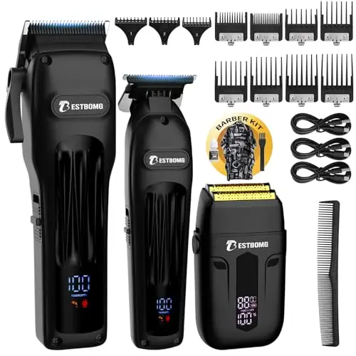 BESTBOMG® BS-808A - Cortapelos para hombre, cortadora de pelo profesional, juego de recortadora de barba y afeitadora recargable, hoja en T de metal, pantalla LED, kit de corte de pelo de peluquería