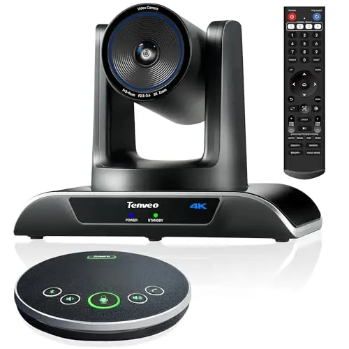 Tenveo Sistema de cámara de Conferencia 4K PTZ con Altavoz Bluetooth, Zoom óptico 3X, Seguimiento de IA, USB 3.0/HDMI, ángulo Amplio de 93° - Ideal para reuniones, Iglesia, Zoom/Equipos/OBS