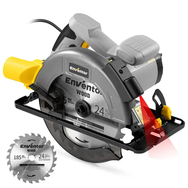 Enventor 1400W Sierra Circular con Guia, Sierra Circular de Mano 6000RPM, Profundidad de Corte 62mm(90°), 48mm(45°), Hoja de Sierra 185mm(24T), Motor de Cobre Puro, Ideal para Cortar Madera