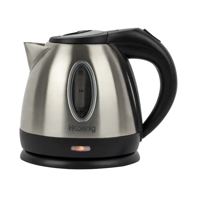 H.Koenig Hervidor de agua eléctrico BO12 1,2L Acero inoxidable práctico compacto 1630 W, vaso graduado con nivel de agua visible, ebullición calentamiento rápido, lavable, indicador luminoso, base 360
