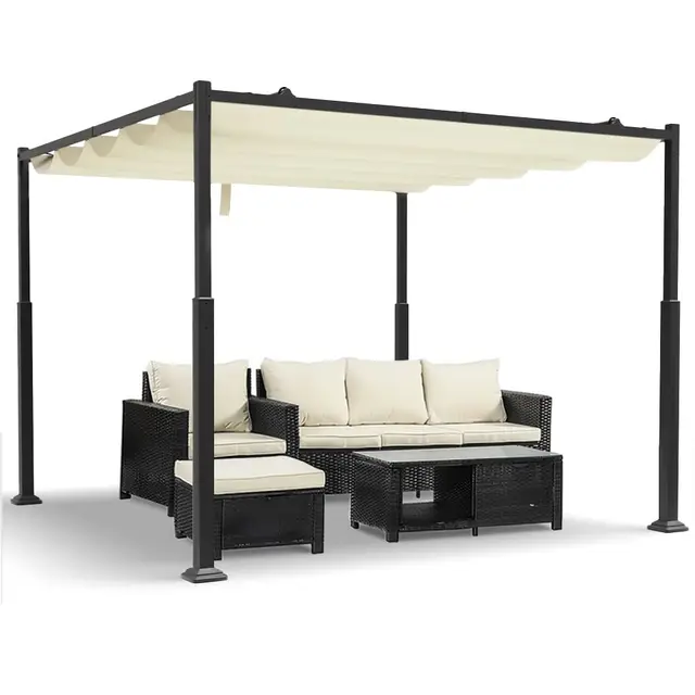VOUNOT® Cenador Autoportante 3x3m con Techo Retráctil, Pérgola de Jardín con Lona Corredera de Poliéster 180g/m², Estructura Metálica Estable, Diseño Elegante Patio Terraza Exterior Beige Oscuro