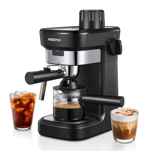 Reemix Máquina de Café Espresso Manual 6 Bar para Café Molido, Cafetera Compacta con Función Vapor y Espumador de Leche, Cappuccino Cremoso, Calientatazas, Jarra de Cristal, Negra
