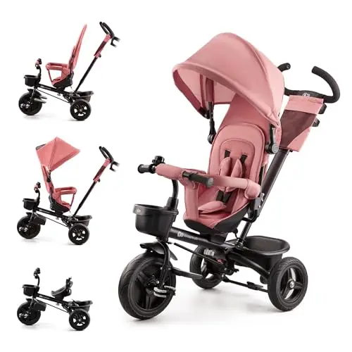 Kinderkraft Aveo Bebé, Plegable, Trike, Bicicleta para Niños, Triciclo Evolutivo, Sin Pedales, Bicicleta Bebe, con Accesorios Práctico, Dos Cestas, 9 Meses a 25 kg, Rosa