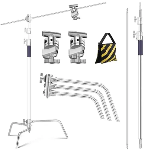 K&F CONCEPT 330CM Soporte C de Acero Inoxidable de Alta Resistencia con Brazo de Pluma, trípode de luz de fotografía Ajustable con Brazo de sujeción, 2 Cabezales de Mango para Estudio, Carga 20KG