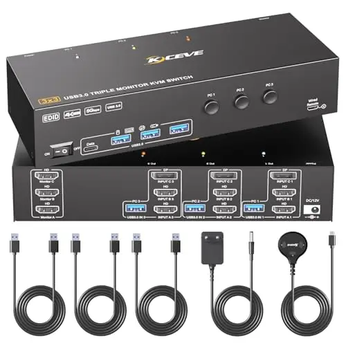 KVM Switch 3 PC 3 Monitores 4K@60Hz Simulación EDID, HDMI Displayport KVM Switch Triple Monitor para 3 PC Share 3 Monitor y 4 Puertos USB 3.0 Teclado Ratón Impresora, 3 cables USB Incluidos