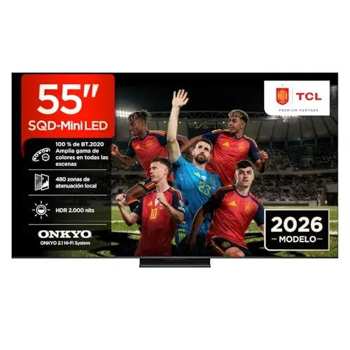 TCL 55Q7D Pro Televisor 55 Pulgadas SQD-Mini LED 4K Smart TV, HDR 2000 nits, 144Hz Motion Clarity Pro, Onkyo 2.1, Dolby Vision IQ & Atmos, Game Master, Google TV, Exclusivo Online