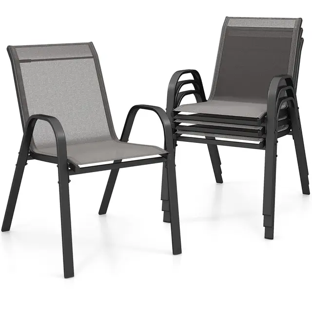 GIANTEX Juego de 4 Sillas de Jardín Apilables, Silla Exterior con Marco de Metal y Tejido Textileno, Respaldo y Reposabrazos Ergonómicas, Carga hasta 150 kg, para Terraza, Piscina, Patio (Gris)