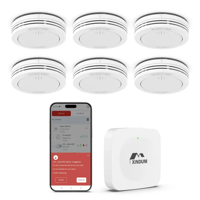 Detector de Humo con estación Base, 10 años interconectado Detector de Incendios Smart Conforme a EN14604, con batería reemplazable, sin Parpadeo LED, Compatible con la aplicación XINDUM, 6 Unidad