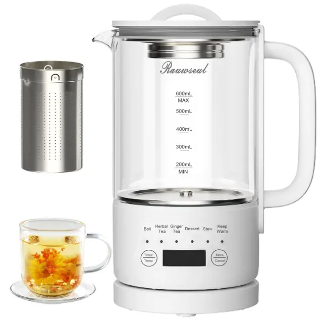 Hervidor Eléctrico 0.6L Multifunción - 6 Modos (Té/Dulces/Guisos), Temporizador 24H y Control 40-75°C, Acero Inox. sin BPA, 500W Ahorro Energía para Hogar/Camping/Viajes
