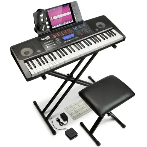 Rockjam Rj761 61 Kit de Teclado de Piano, Piano Digital 61 Clave, Banco Teclado, Soporte de Teclado, Auriculares, Pedal de Sustain y Simplemente Aplicación Piano