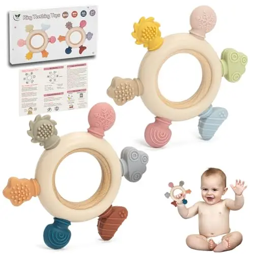 Paquete de 2 Mordedor Bebe, Juguetes de Dentición Refrigerante para Bebé, sin BPA de 0, 3, 6, 12 Meses, alivio de la dentición, juguetes masticables para niños pequeños, Navidad, cumpleaños