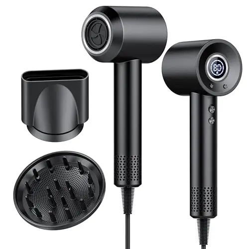 Secador Pelo Profesional Iónico con Difusor y Boquilla, Secador de Pelo Portátil 180.000 RPM, Secado Rápido, 500M iones, Pantalla Digital, 4 Temperaturas y 3 Velocidades, Control Inteligente de Calor
