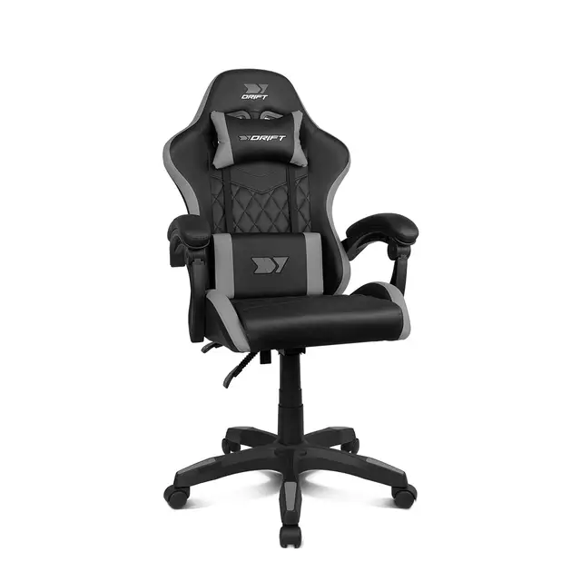 Drift Gaming DR35 - Silla Profesional, Polipiel, Reposabrazos Acolchados, Pistón Clase 3, Base Nylon Reforzada, Asiento basculante, Altura Regulable, Cojín Lumbar/Cervical, Negro/Gris.