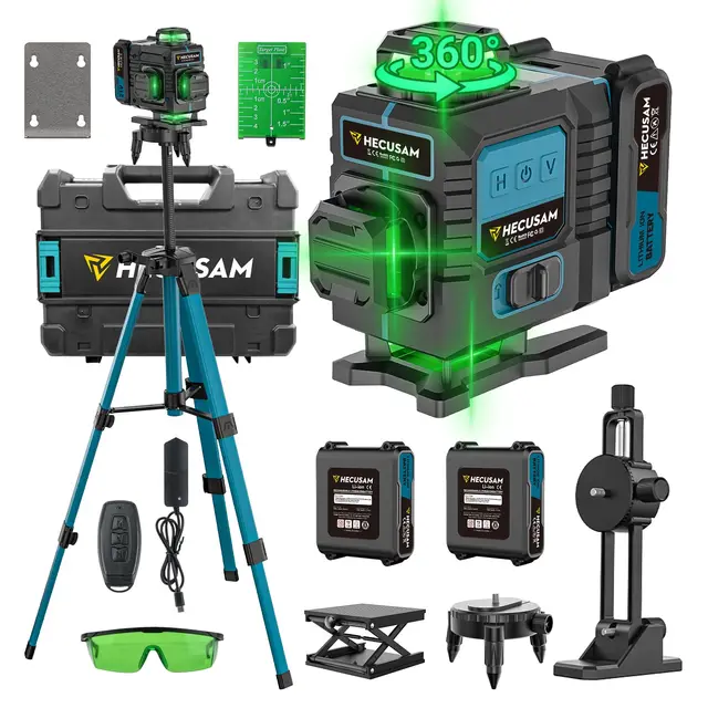 Nivel Laser Con Tripode, Nivel Laser Autonivelante 4 X 360 Grados, Laser Verde Sin Interrupciones Con Giratorio Ventana 360, BateríA 2×4800 mAh, Grado IP54 Para Construcción, Baldosas