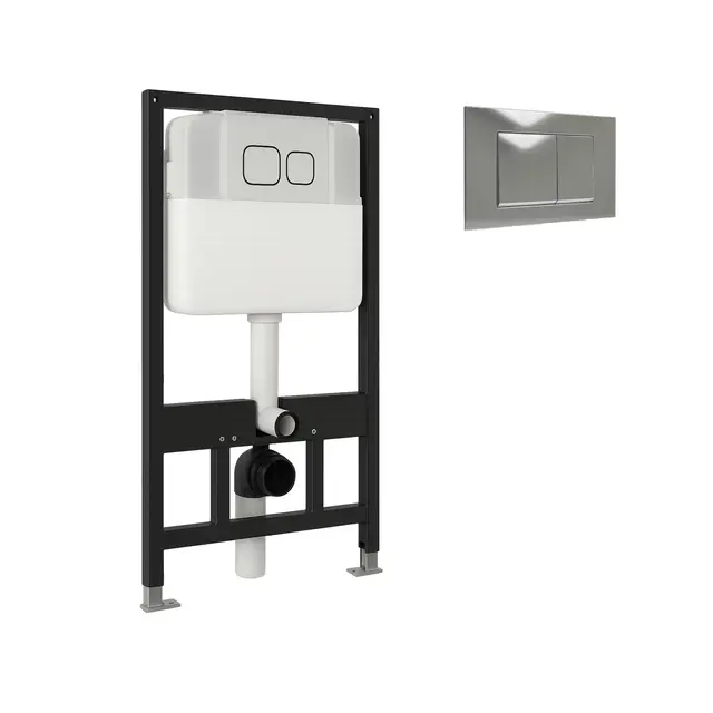 BAIKAL Bastidor para Inodoro Suspendido. Cisterna con Pulsador Cromado. Estructura Empotrada compatible con WC Suspendido con Cisterna Oculta 3/8L. Con sistema de descarga eficiente y silenciosa.