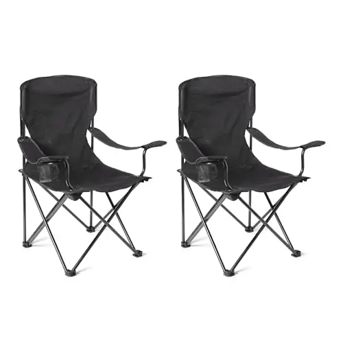 Amazon Basics Silla de Camping Plegable Portátil con Portavasos - Silla de Exterior con Marco de Acero, Resistente al Agua, con Bolsa de Transporte - 72,5cm x 52,5cm x 93,2cm - Negro - Pack de 2