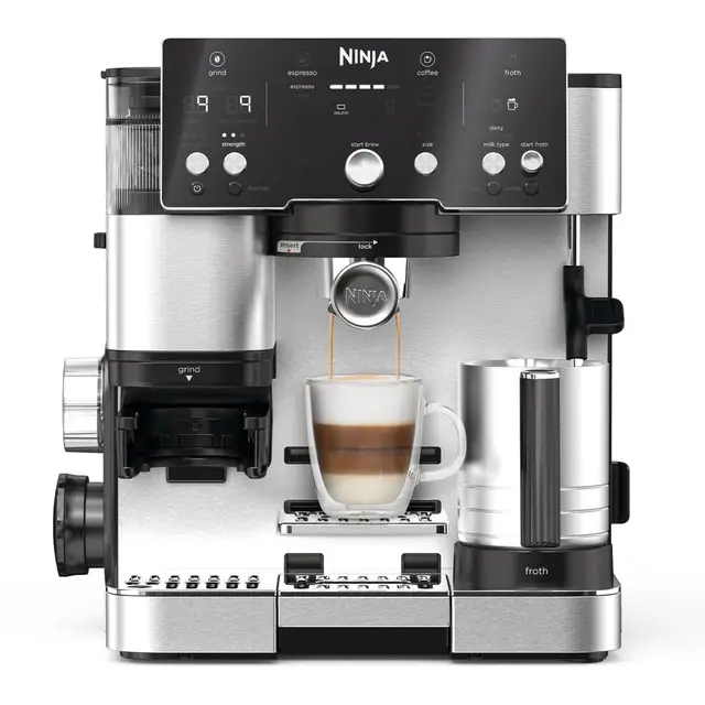 Ninja Luxe Essential Cafetera 2 en 1 para Espresso y Café de Filtro con Molinillo y Espumador Integrados - 25 Ajustes de Molienda y 2 Preajustes de Espuma - Plata, ES501EU