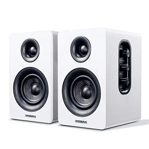 Sanyun SW208 Altavoces de estantería activos Bluetooth 5.0 de 3 "- Unidad de altavoz de fibra de carbono de 60W - DAC integrado de 24bits - Altavoces para juegos de monitor de computadora(par, blanco)