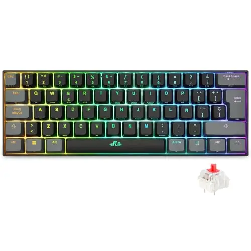 Rii RK802 Teclado Gaming Mecánico, 3 Modos de Conectividad, Retroiluminación RGB, 60% Layout Español (Interruptores Rojos)