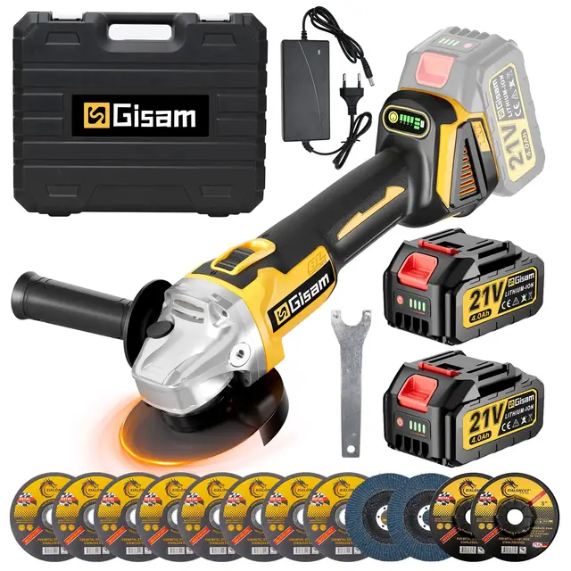 Gisam Amoladora Angular a Batería, 21V Amoladora Bateria inalámbrica con 4000 mAh, Motor sin Escobillas 12000RPM, Ø de disco 125 mm, 12 Discos para Crtar y Amolar con Precisión